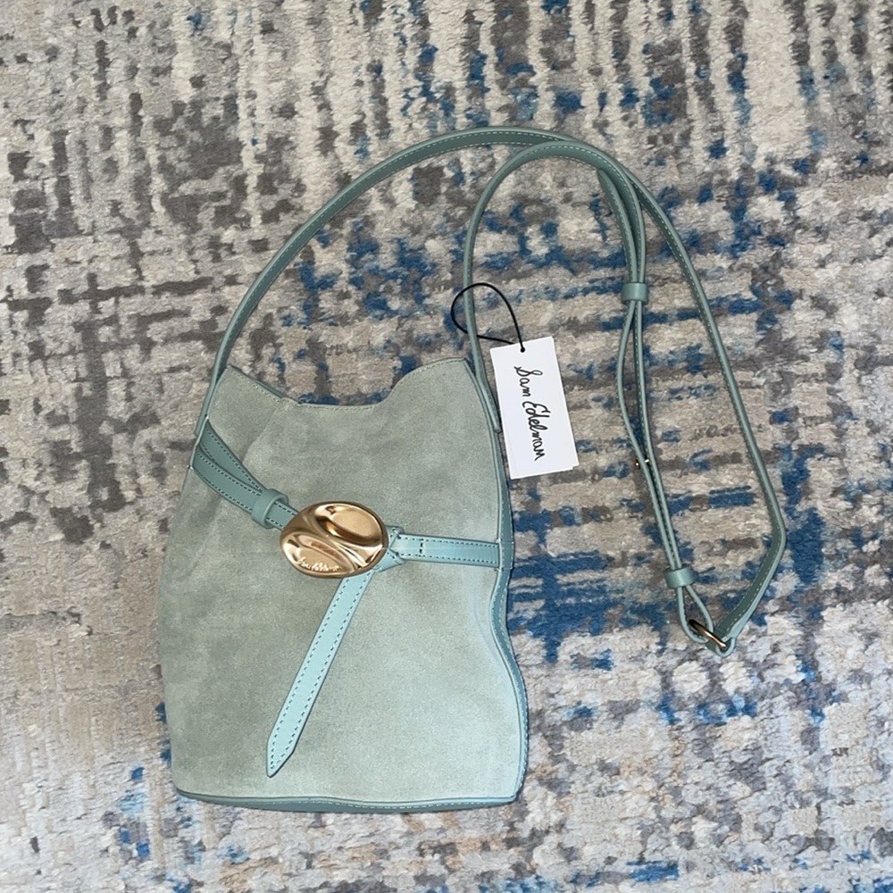 New Sam Edelman Bex light green Sage suede Bucket Bag with Gold Accent small